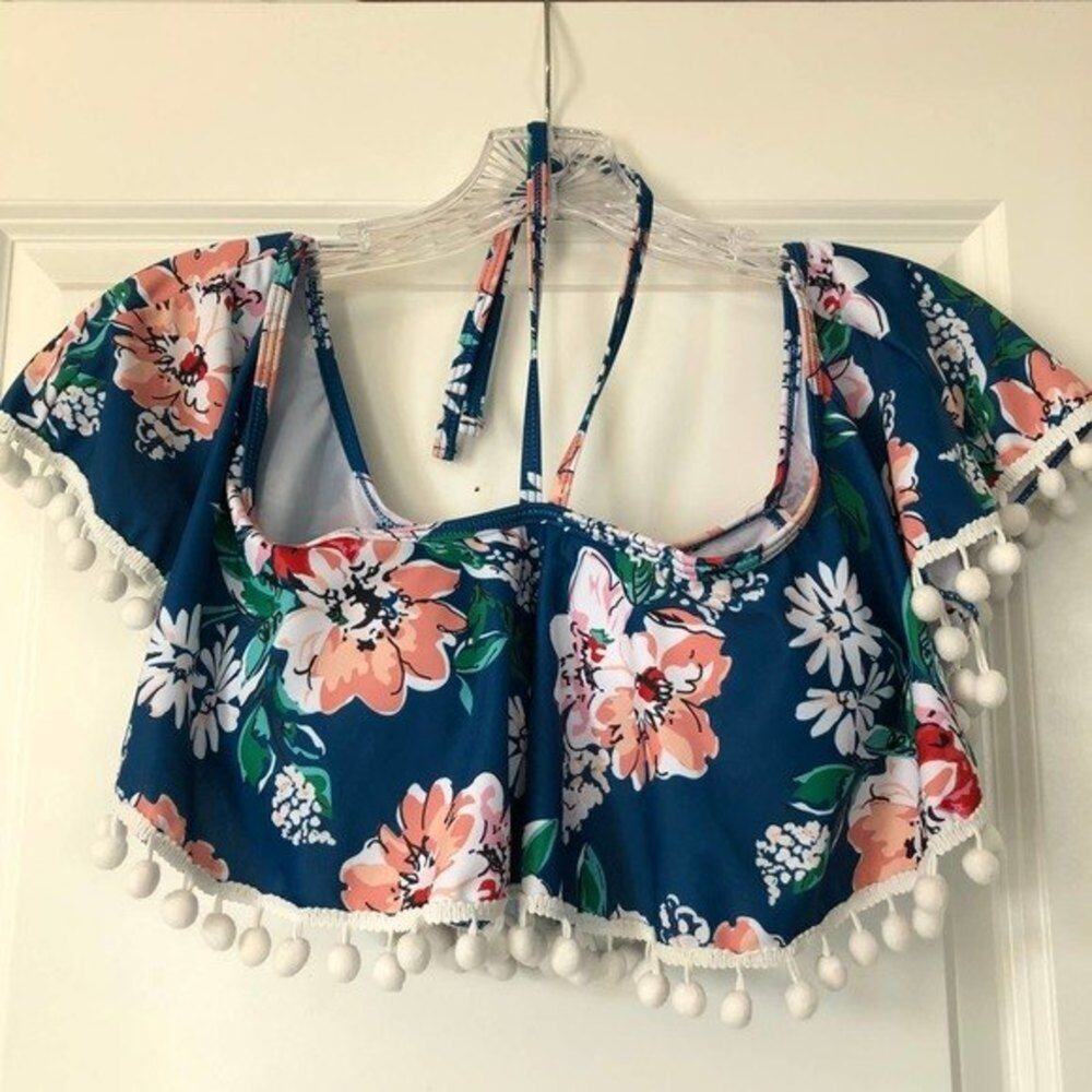 Heat Move Blue Multi Floral Halter Swim Top‎ Pom Poms Bohemian Womens Small S